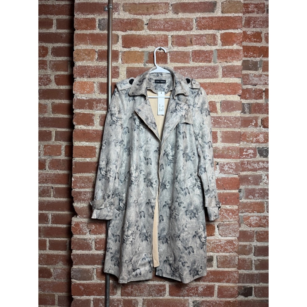 Love Token Floral Print Trench Coat Grey Rose Pattern Womens Size Small NWT